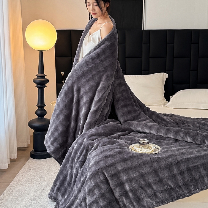 91家纺网 家纺一手货源 找家纺 安琪家纺 2025新款300G炫彩水墨画仿兔毛绒大泡泡绒印花法兰绒毛毯大理石纹休闲毯沙发盖毯跨境外贸出口专供 泡泡纯色-深灰