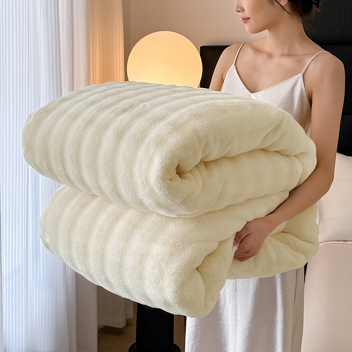 91家纺网 家纺一手货源 找家纺 安琪家纺 2025新款300G炫彩水墨画仿兔毛绒大泡泡绒印花法兰绒毛毯大理石纹休闲毯沙发盖毯跨境外贸出口专供 泡泡纯色-米白