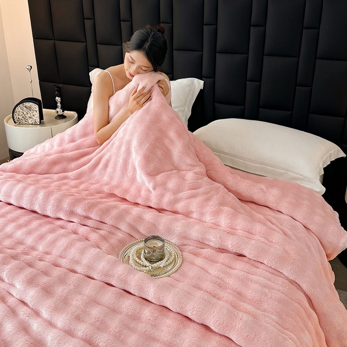 91家纺网 家纺一手货源 找家纺 安琪家纺 2025新款300G炫彩水墨画仿兔毛绒大泡泡绒印花法兰绒毛毯大理石纹休闲毯沙发盖毯跨境外贸出口专供 泡泡纯色-粉色