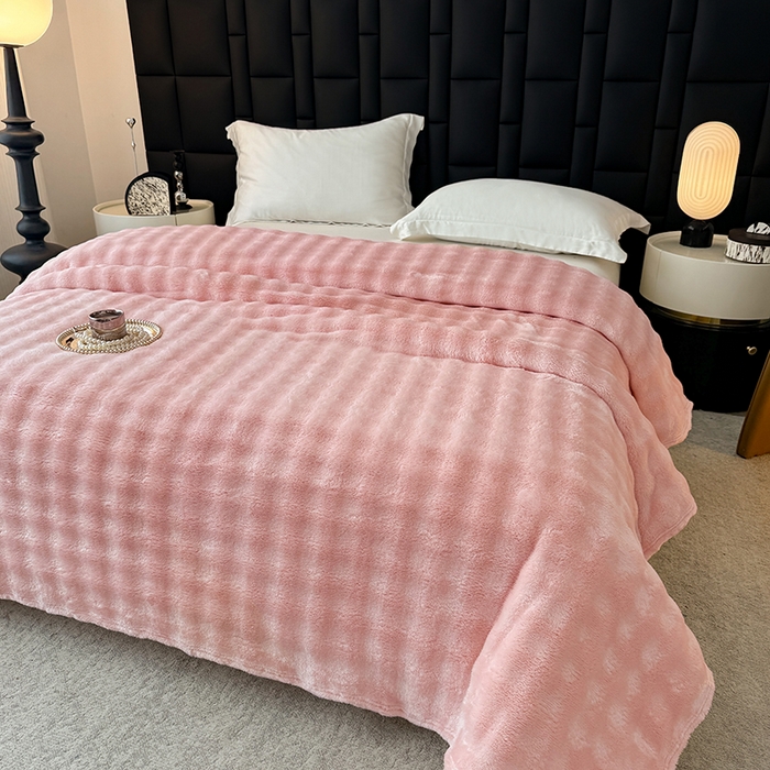 91家纺网 家纺一手货源 找家纺 安琪家纺 2025新款300G炫彩水墨画仿兔毛绒大泡泡绒印花法兰绒毛毯大理石纹休闲毯沙发盖毯跨境外贸出口专供 泡泡纯色-粉色