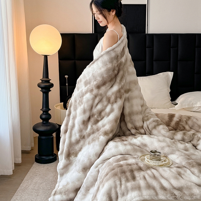 91家纺网 家纺一手货源 找家纺 安琪家纺 2025新款300G炫彩水墨画仿兔毛绒大泡泡绒印花法兰绒毛毯大理石纹休闲毯沙发盖毯跨境外贸出口专供 水墨画-雾灰