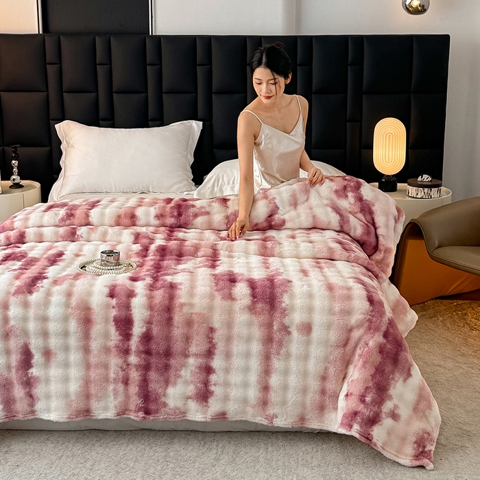 安琪家纺 2025新款300G炫彩水墨画仿兔毛绒大泡泡绒印花法兰绒毛毯大理石纹休闲毯沙发盖毯跨境外贸出口专供 水墨画-红