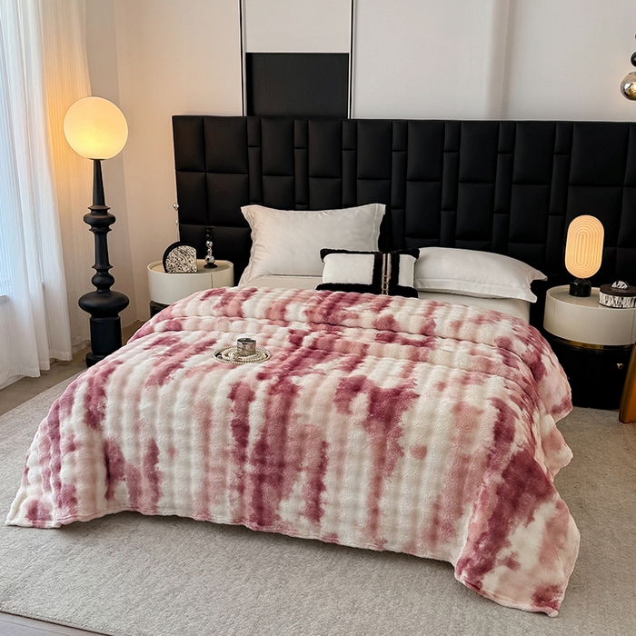 91家纺网 家纺一手货源 找家纺 安琪家纺 2025新款300G炫彩水墨画仿兔毛绒大泡泡绒印花法兰绒毛毯大理石纹休闲毯沙发盖毯跨境外贸出口专供 水墨画-红