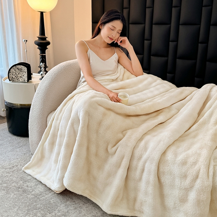 91家纺网 家纺一手货源 找家纺 安琪家纺 2025新款300G炫彩水墨画仿兔毛绒大泡泡绒印花法兰绒毛毯大理石纹休闲毯沙发盖毯跨境外贸出口专供 水墨画-米白