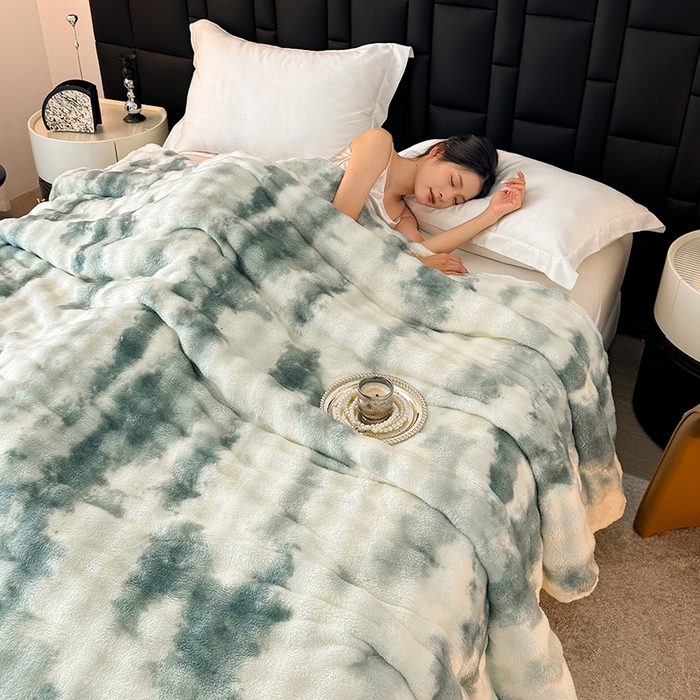 91家纺网 家纺一手货源 找家纺 安琪家纺 2025新款300G炫彩水墨画仿兔毛绒大泡泡绒印花法兰绒毛毯大理石纹休闲毯沙发盖毯跨境外贸出口专供 水墨画-绿