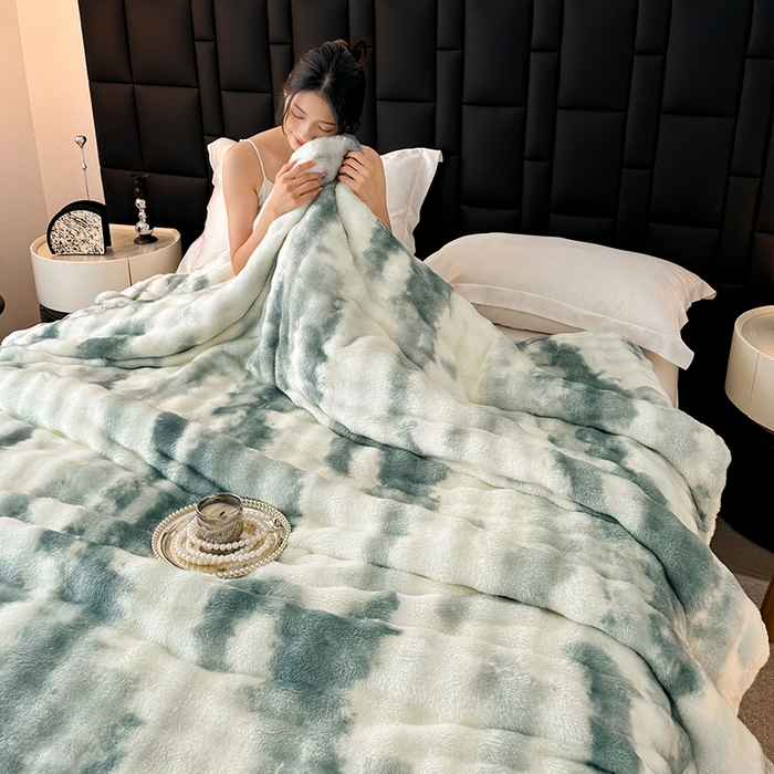 91家纺网 家纺一手货源 找家纺 安琪家纺 2025新款300G炫彩水墨画仿兔毛绒大泡泡绒印花法兰绒毛毯大理石纹休闲毯沙发盖毯跨境外贸出口专供 水墨画-绿