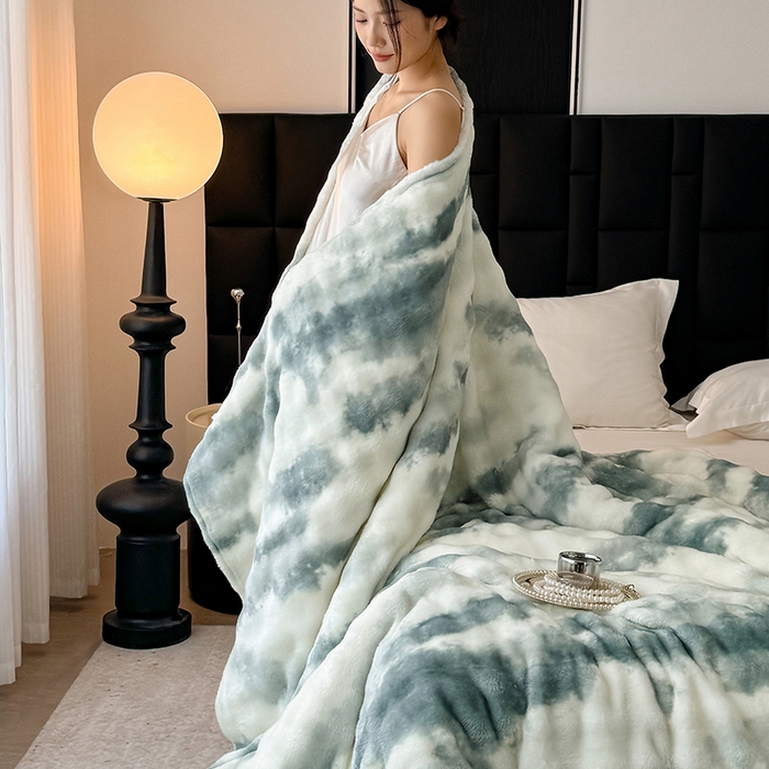 91家纺网 家纺一手货源 找家纺 安琪家纺 2025新款300G炫彩水墨画仿兔毛绒大泡泡绒印花法兰绒毛毯大理石纹休闲毯沙发盖毯跨境外贸出口专供 水墨画-绿