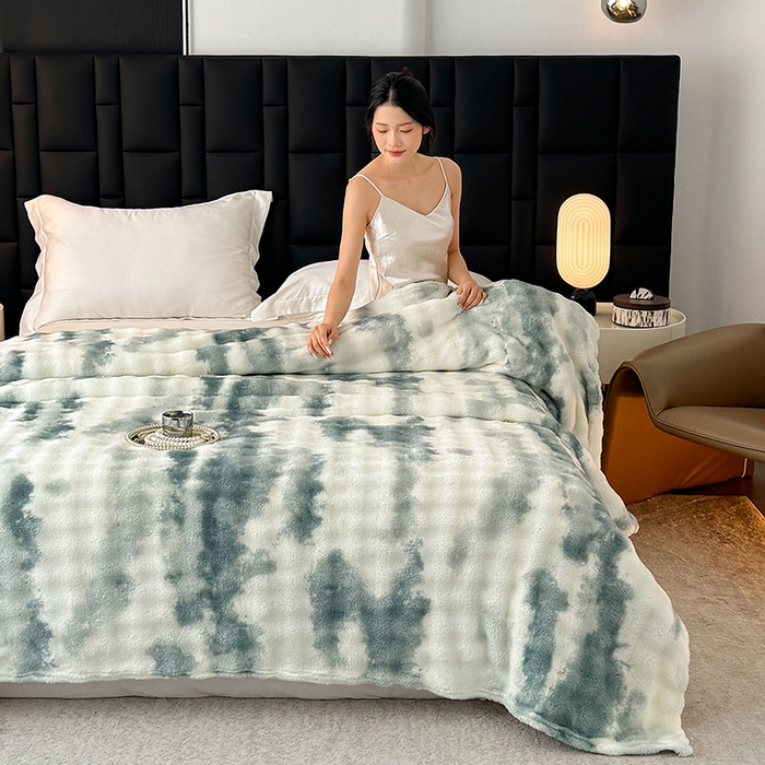 安琪家纺 2025新款300G炫彩水墨画仿兔毛绒大泡泡绒印花法兰绒毛毯大理石纹休闲毯沙发盖毯跨境外贸出口专供 水墨画-绿