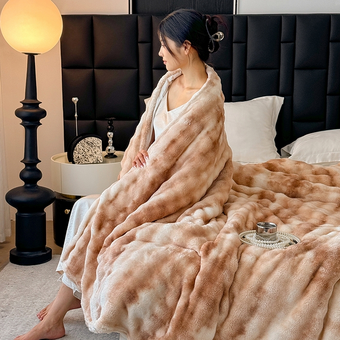 91家纺网 家纺一手货源 找家纺 安琪家纺 2025新款300G炫彩水墨画仿兔毛绒大泡泡绒印花法兰绒毛毯大理石纹休闲毯沙发盖毯跨境外贸出口专供 水墨画-驼