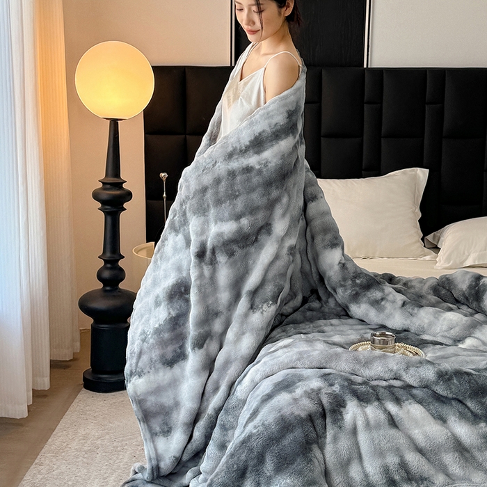 91家纺网 家纺一手货源 找家纺 安琪家纺 2025新款300G炫彩水墨画仿兔毛绒大泡泡绒印花法兰绒毛毯大理石纹休闲毯沙发盖毯跨境外贸出口专供 水墨画-灰