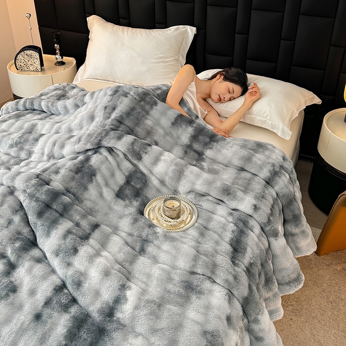 91家纺网 家纺一手货源 找家纺 安琪家纺 2025新款300G炫彩水墨画仿兔毛绒大泡泡绒印花法兰绒毛毯大理石纹休闲毯沙发盖毯跨境外贸出口专供 水墨画-灰