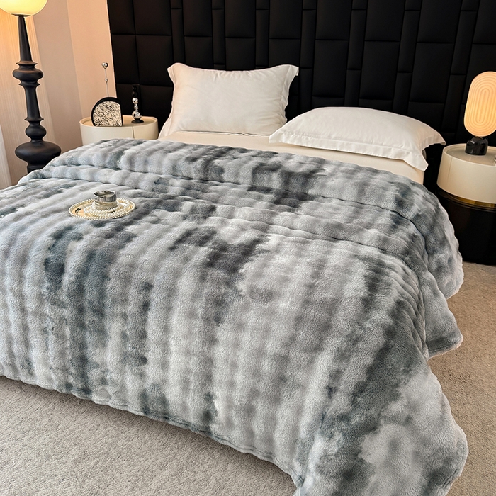 91家纺网 家纺一手货源 找家纺 安琪家纺 2025新款300G炫彩水墨画仿兔毛绒大泡泡绒印花法兰绒毛毯大理石纹休闲毯沙发盖毯跨境外贸出口专供 水墨画-灰
