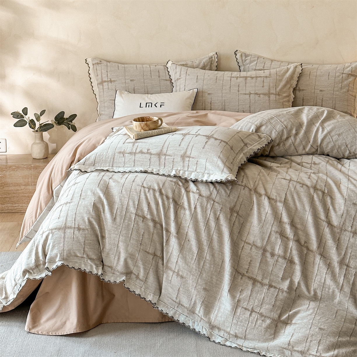 蓝米卡夫 2025秋冬-棉麻色织全棉提花60支磨毛花边款（礼盒包装）提供买家秀 无限之光-卡其