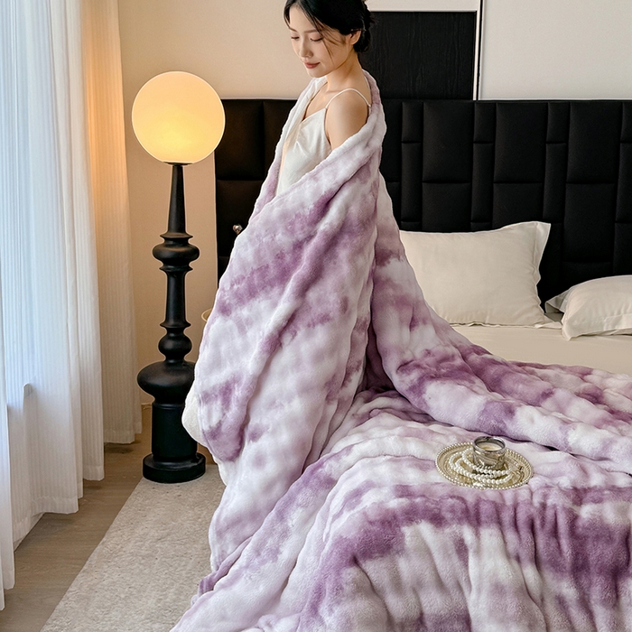 91家纺网 家纺一手货源 找家纺 安琪家纺 2025新款300G炫彩水墨画仿兔毛绒大泡泡绒印花法兰绒毛毯大理石纹休闲毯沙发盖毯跨境外贸出口专供 水墨画-紫