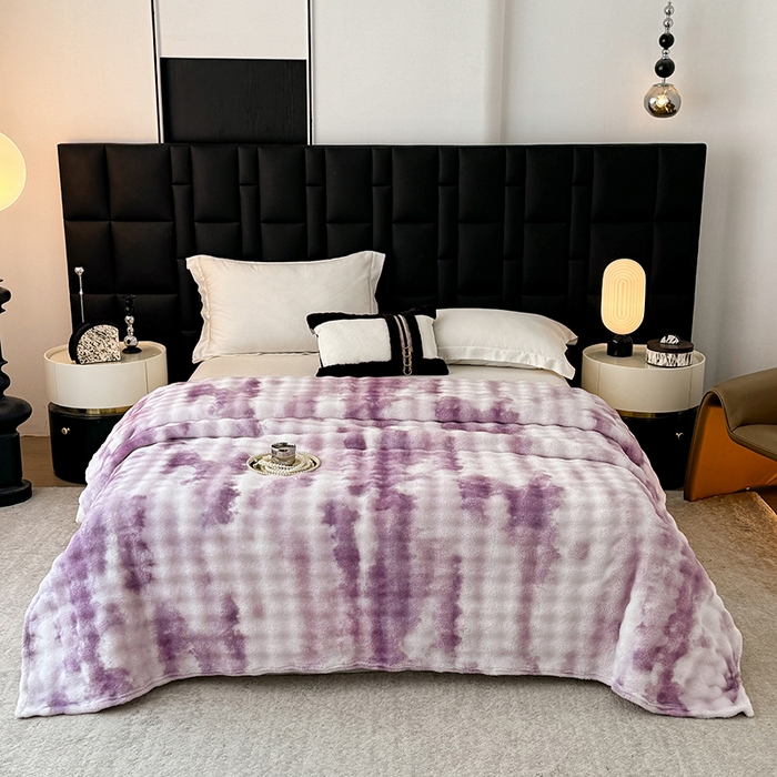 91家纺网 家纺一手货源 找家纺 安琪家纺 2025新款300G炫彩水墨画仿兔毛绒大泡泡绒印花法兰绒毛毯大理石纹休闲毯沙发盖毯跨境外贸出口专供 水墨画-紫