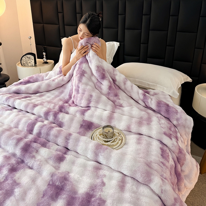 91家纺网 家纺一手货源 找家纺 安琪家纺 2025新款300G炫彩水墨画仿兔毛绒大泡泡绒印花法兰绒毛毯大理石纹休闲毯沙发盖毯跨境外贸出口专供 水墨画-紫