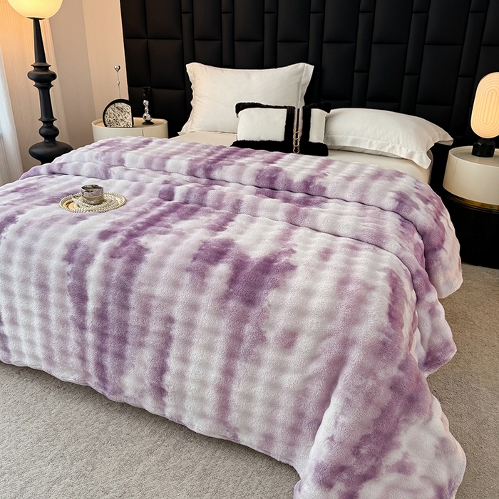 91家纺网 家纺一手货源 找家纺 安琪家纺 2025新款300G炫彩水墨画仿兔毛绒大泡泡绒印花法兰绒毛毯大理石纹休闲毯沙发盖毯跨境外贸出口专供 水墨画-紫