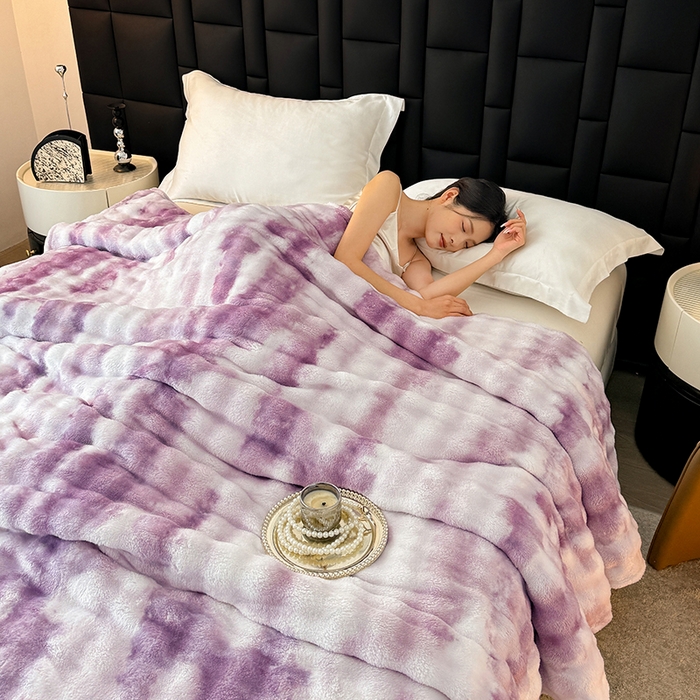 91家纺网 家纺一手货源 找家纺 安琪家纺 2025新款300G炫彩水墨画仿兔毛绒大泡泡绒印花法兰绒毛毯大理石纹休闲毯沙发盖毯跨境外贸出口专供 水墨画-紫