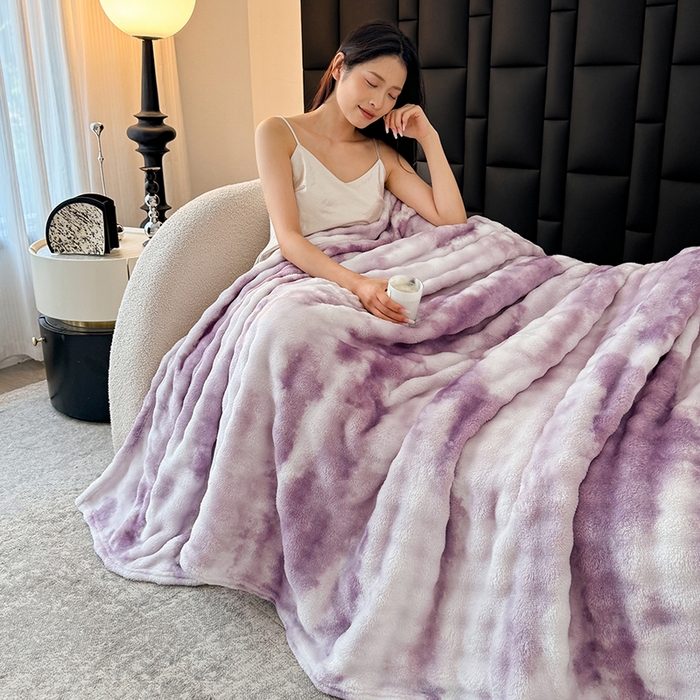 91家纺网 家纺一手货源 找家纺 安琪家纺 2025新款300G炫彩水墨画仿兔毛绒大泡泡绒印花法兰绒毛毯大理石纹休闲毯沙发盖毯跨境外贸出口专供 水墨画-紫