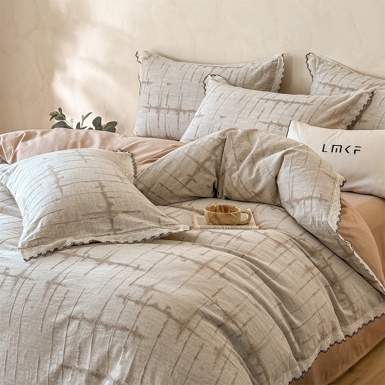 91家纺网 家纺一手货源 找家纺 蓝米卡夫 2025秋冬-棉麻色织全棉提花60支磨毛花边款（礼盒包装）提供买家秀 无限之光-卡其