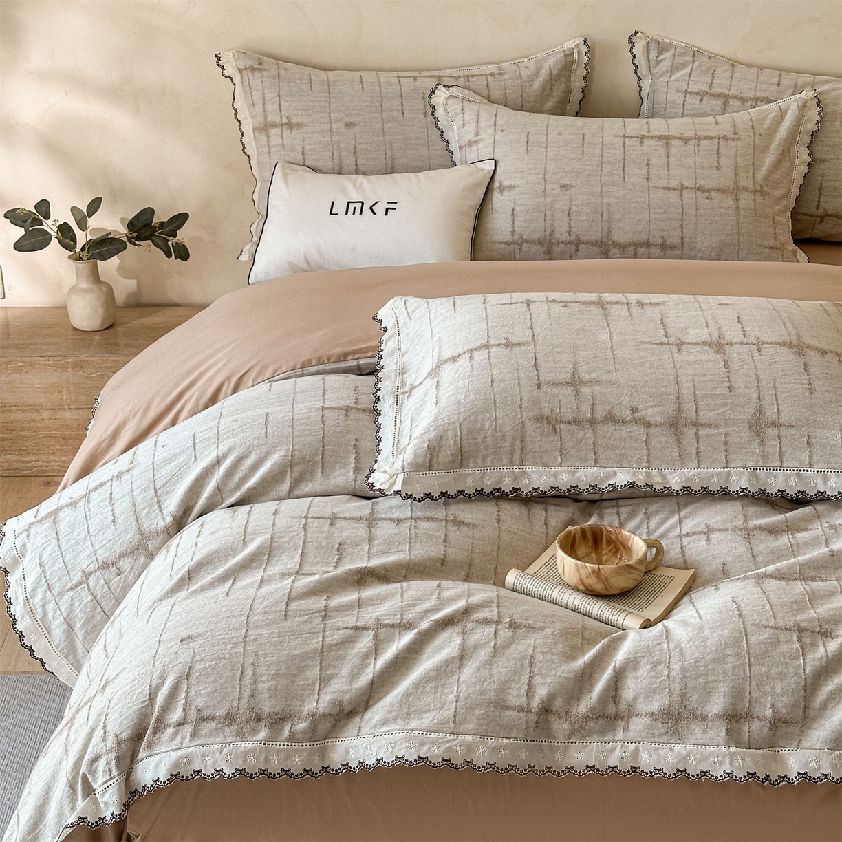 91家纺网 家纺一手货源 找家纺 蓝米卡夫 2025秋冬-棉麻色织全棉提花60支磨毛花边款（礼盒包装）提供买家秀 无限之光-卡其