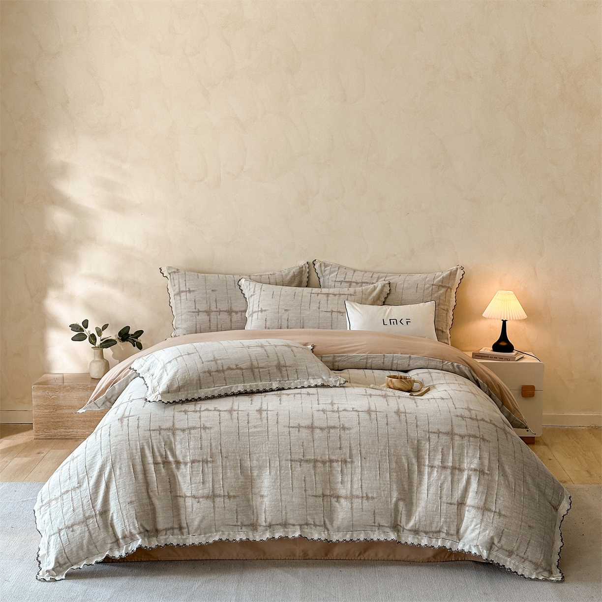 91家纺网 家纺一手货源 找家纺 蓝米卡夫 2025秋冬-棉麻色织全棉提花60支磨毛花边款（礼盒包装）提供买家秀 无限之光-卡其