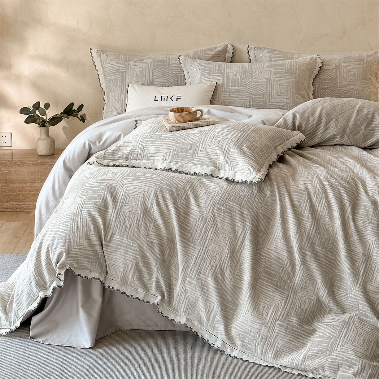 蓝米卡夫 2025秋冬-棉麻色织全棉提花60支磨毛花边款（礼盒包装）提供买家秀 摩卡-灰