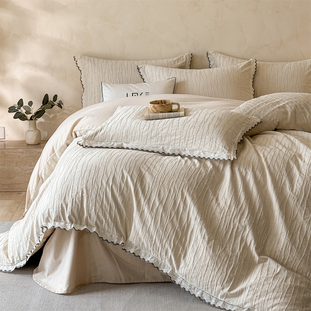 蓝米卡夫 2025秋冬-棉麻色织全棉提花60支磨毛花边款（礼盒包装）提供买家秀 纳斯-本色