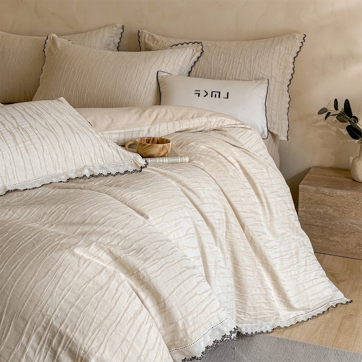 91家纺网 家纺一手货源 找家纺 蓝米卡夫 2025秋冬-棉麻色织全棉提花60支磨毛花边款（礼盒包装）提供买家秀 纳斯-本色