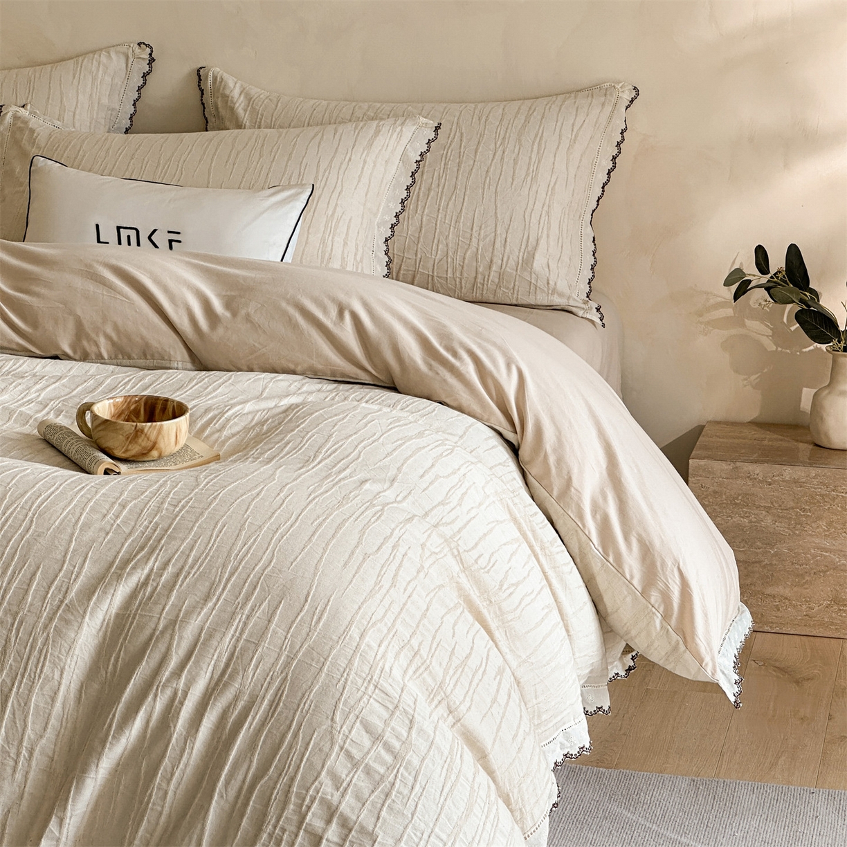 91家纺网 家纺一手货源 找家纺 蓝米卡夫 2025秋冬-棉麻色织全棉提花60支磨毛花边款（礼盒包装）提供买家秀 纳斯-本色