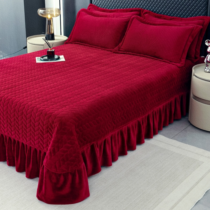 91家纺网 家纺一手货源 找家纺 畅畅家纺 2025新款冬季12斤加厚轻奢款230克全消光立体雕花牛奶绒夹棉床盖四件套 轻奢花语-红色