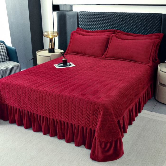 91家纺网 家纺一手货源 找家纺 畅畅家纺 2025新款冬季12斤加厚轻奢款230克全消光立体雕花牛奶绒夹棉床盖四件套 轻奢花语-红色