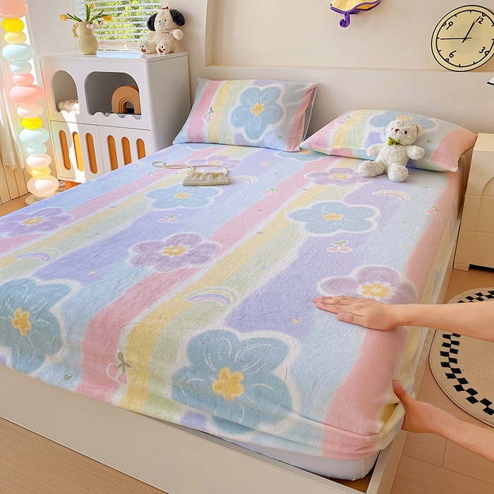 艾橙家纺 2025秋冬新款高克重牛奶绒印花床笠单品床笠床笠单件 七彩花梦