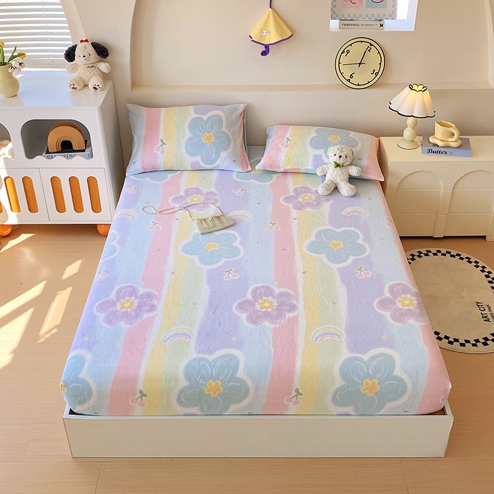 91家纺网 家纺一手货源 找家纺 艾橙家纺 2025秋冬新款高克重牛奶绒印花床笠单品床笠床笠单件 七彩花梦