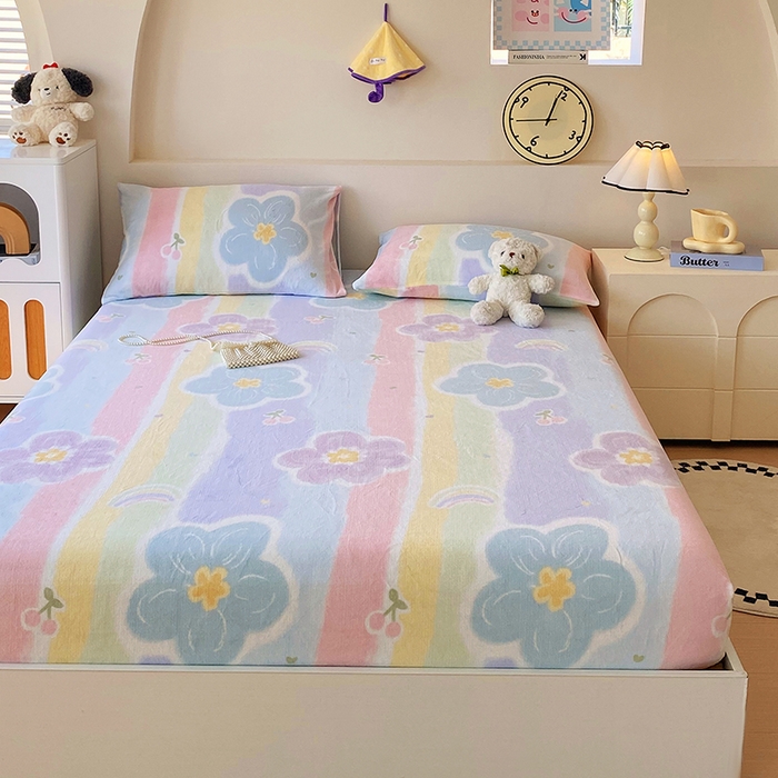 91家纺网 家纺一手货源 找家纺 艾橙家纺 2025秋冬新款高克重牛奶绒印花床笠单品床笠床笠单件 七彩花梦