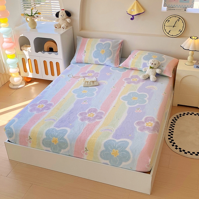 91家纺网 家纺一手货源 找家纺 艾橙家纺 2025秋冬新款高克重牛奶绒印花床笠单品床笠床笠单件 七彩花梦