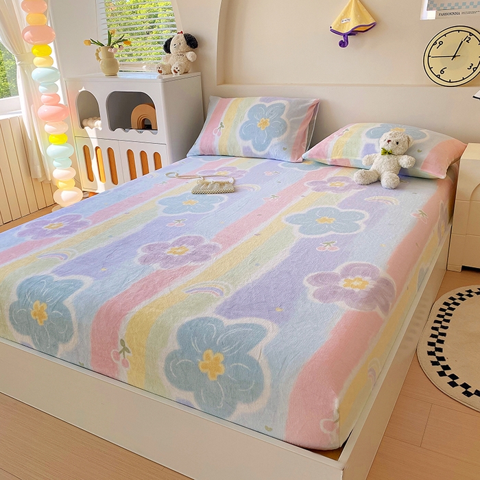 91家纺网 家纺一手货源 找家纺 艾橙家纺 2025秋冬新款高克重牛奶绒印花床笠单品床笠床笠单件 七彩花梦