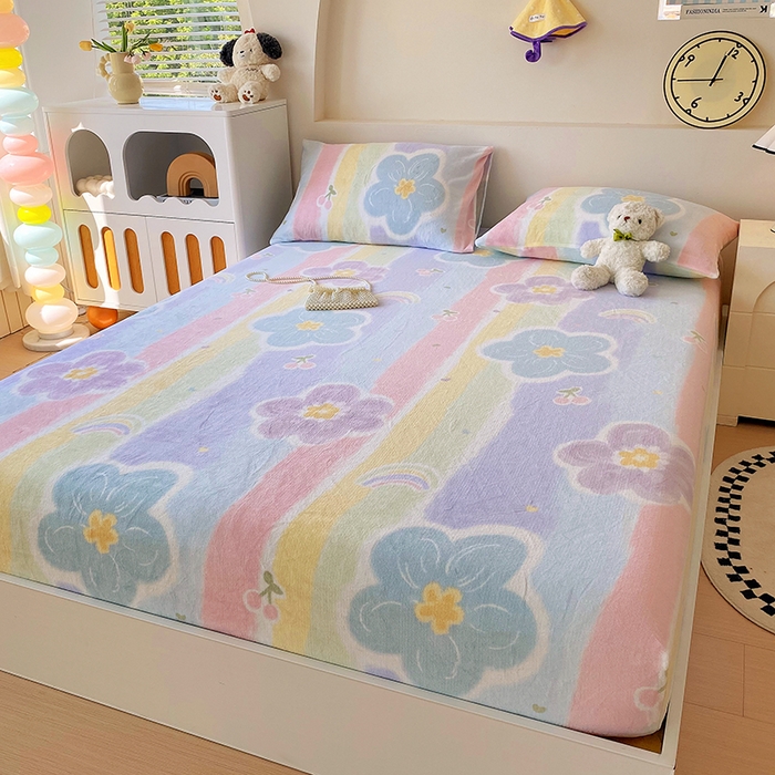 91家纺网 家纺一手货源 找家纺 艾橙家纺 2025秋冬新款高克重牛奶绒印花床笠单品床笠床笠单件 七彩花梦