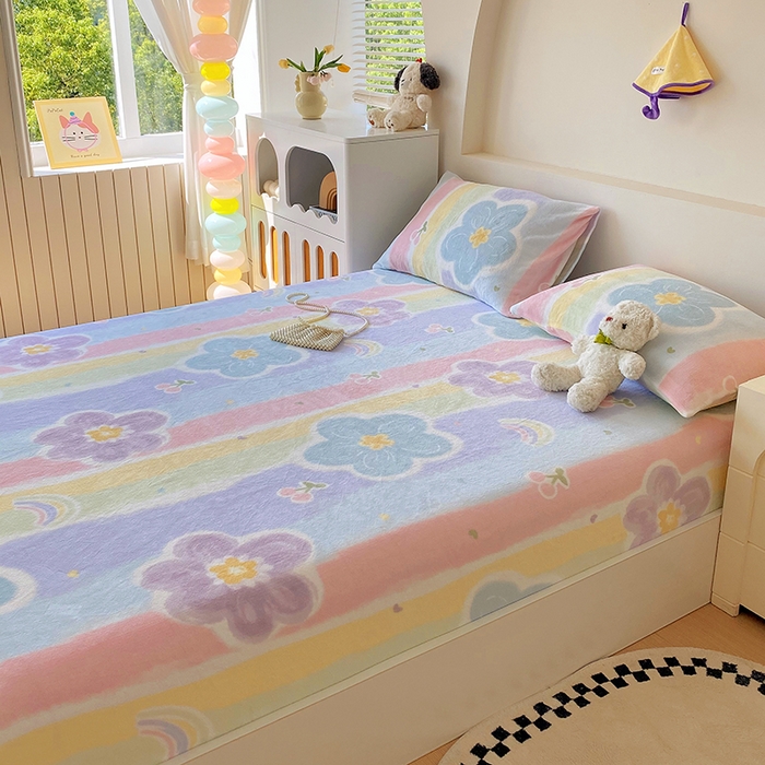 91家纺网 家纺一手货源 找家纺 艾橙家纺 2025秋冬新款高克重牛奶绒印花床笠单品床笠床笠单件 七彩花梦