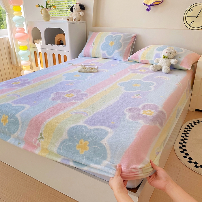 91家纺网 家纺一手货源 找家纺 艾橙家纺 2025秋冬新款高克重牛奶绒印花床笠单品床笠床笠单件 七彩花梦