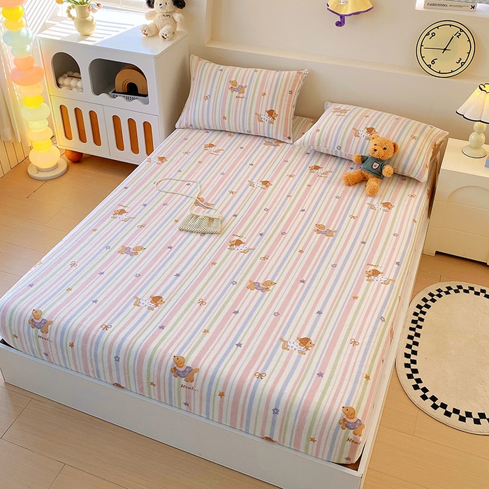 91家纺网 家纺一手货源 找家纺 艾橙家纺 2025秋冬新款高克重牛奶绒印花床笠单品床笠床笠单件 悦动萌宠