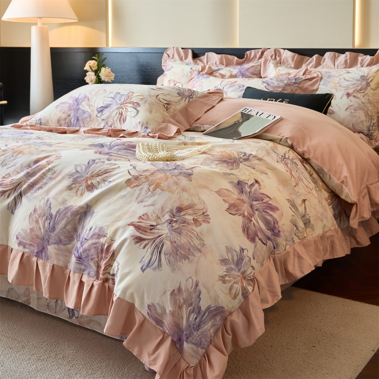 91家纺网 家纺一手货源 找家纺 蓝米卡夫 2025秋冬-全棉60支磨毛数码印花-花边款（礼盒包装）提供买家秀 禾木