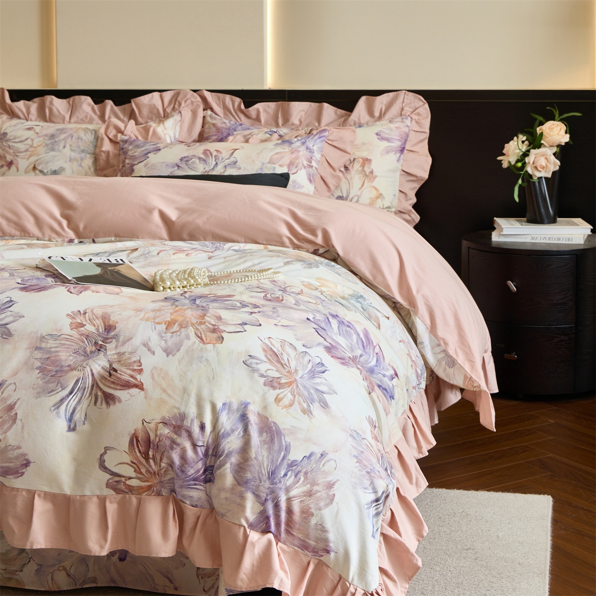 91家纺网 家纺一手货源 找家纺 蓝米卡夫 2025秋冬-全棉60支磨毛数码印花-花边款（礼盒包装）提供买家秀 禾木