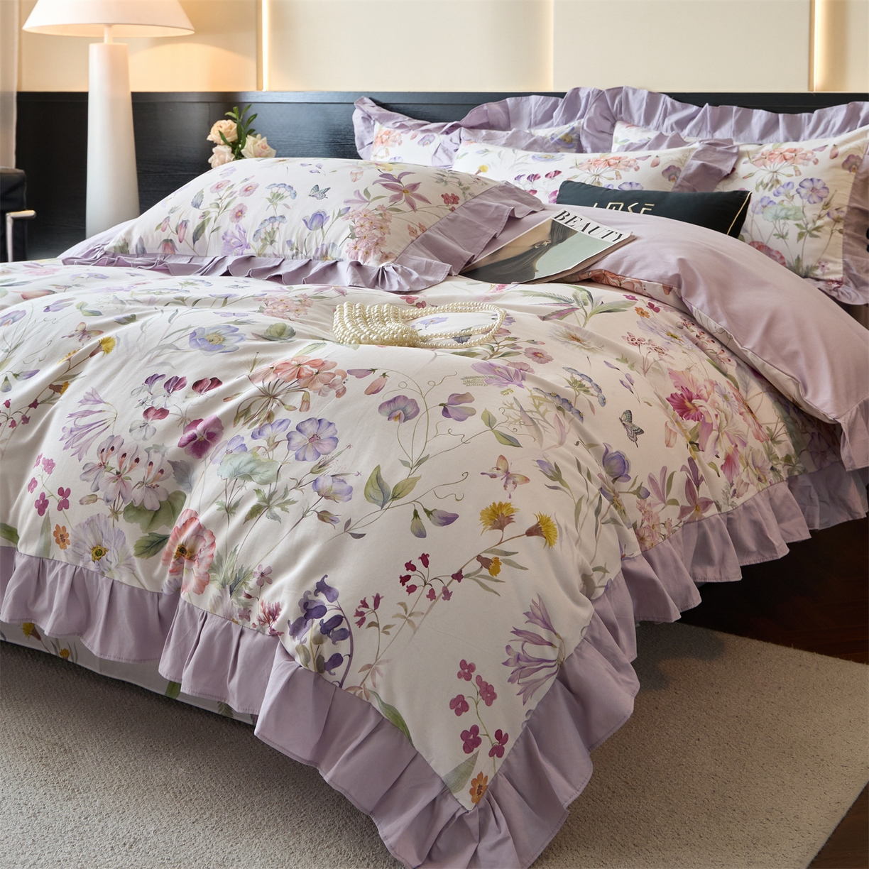 91家纺网 家纺一手货源 找家纺 蓝米卡夫 2025秋冬-全棉60支磨毛数码印花-花边款（礼盒包装）提供买家秀 琉璃紫韵