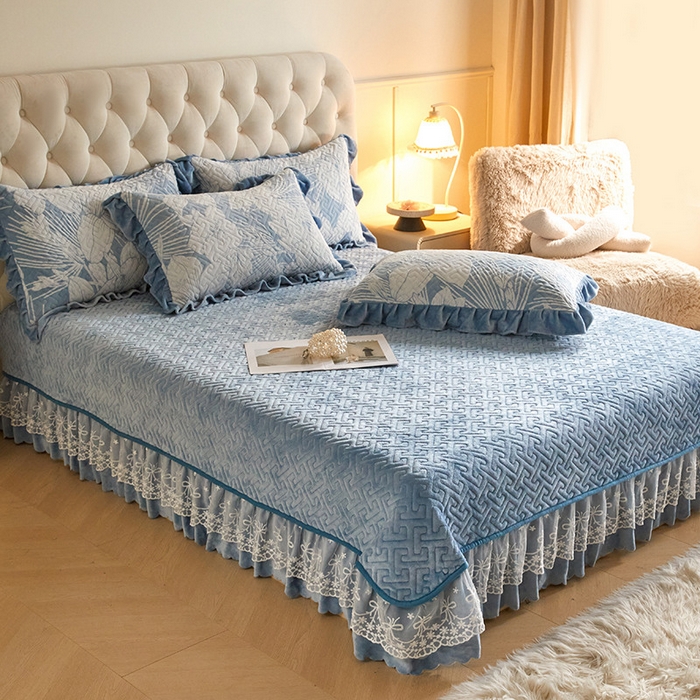 91家纺网 家纺一手货源 找家纺 畅畅家纺 2025新款11斤高克重新款韩版烂花牛奶绒冬季加厚床盖四件套系列 幽兰-海蓝