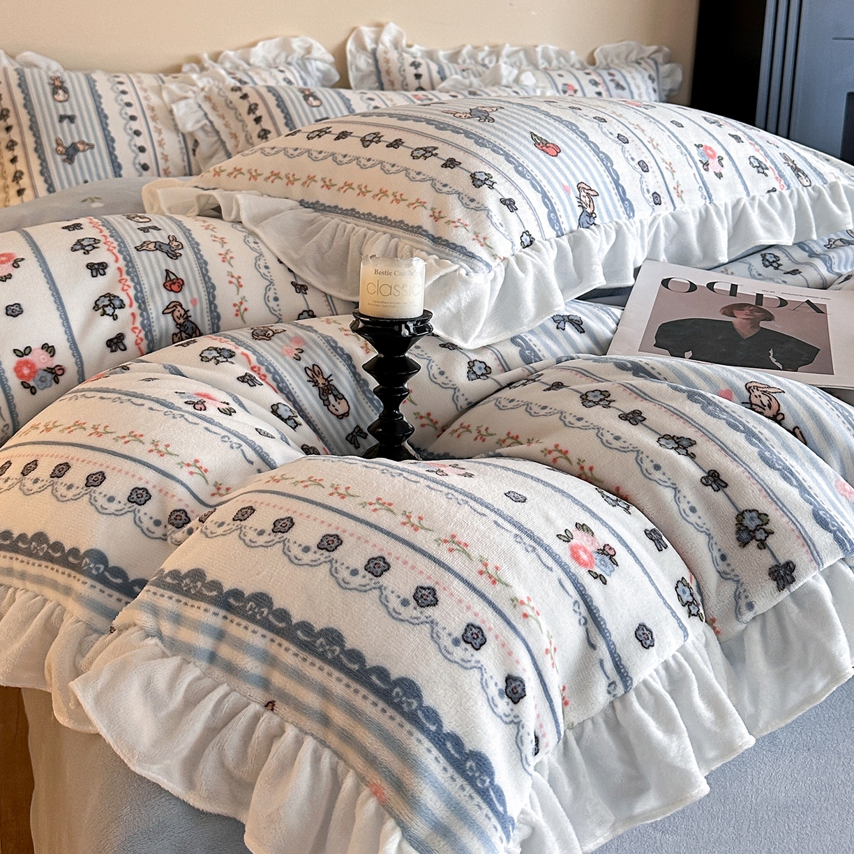 91家纺网 家纺一手货源 找家纺 三朵家纺 2025新款秋冬法式复古风法莱绒花边四件套 兰亭