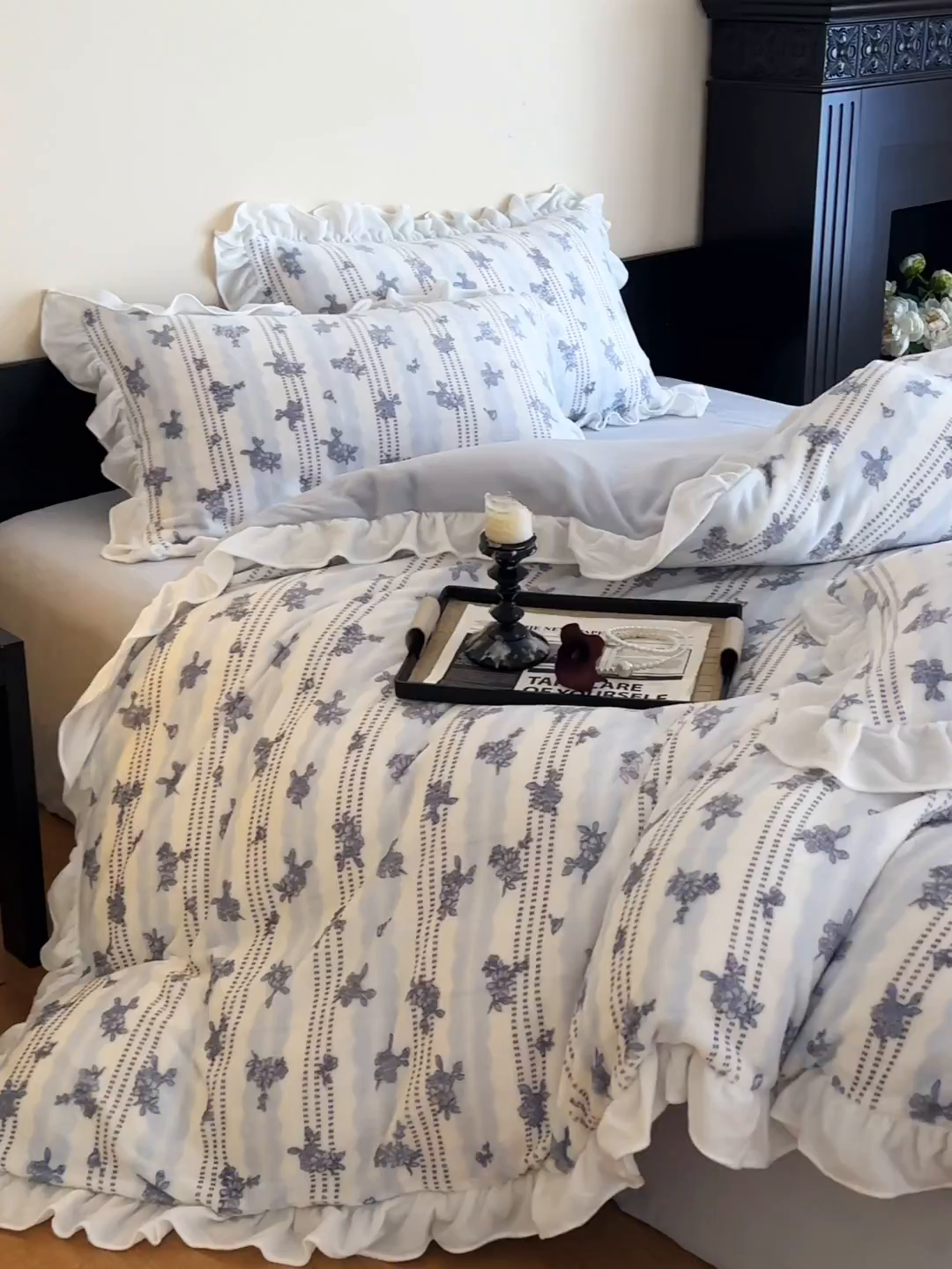 91家纺网 家纺一手货源 找家纺 三朵家纺 2025新款秋冬法式复古风法莱绒花边四件套 青黛