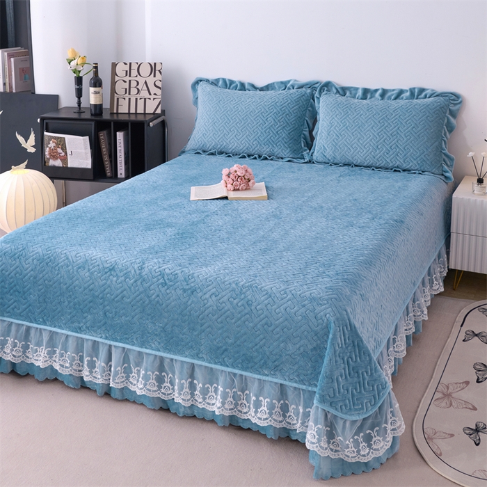 91家纺网 家纺一手货源 找家纺 畅畅家纺 2025新款11斤韩版冬季超柔加厚牛奶绒蝴蝶花边床盖四件套 宝蓝