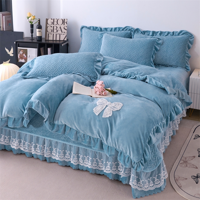 91家纺网 家纺一手货源 找家纺 畅畅家纺 2025新款11斤韩版冬季超柔加厚牛奶绒蝴蝶花边床盖四件套 宝蓝
