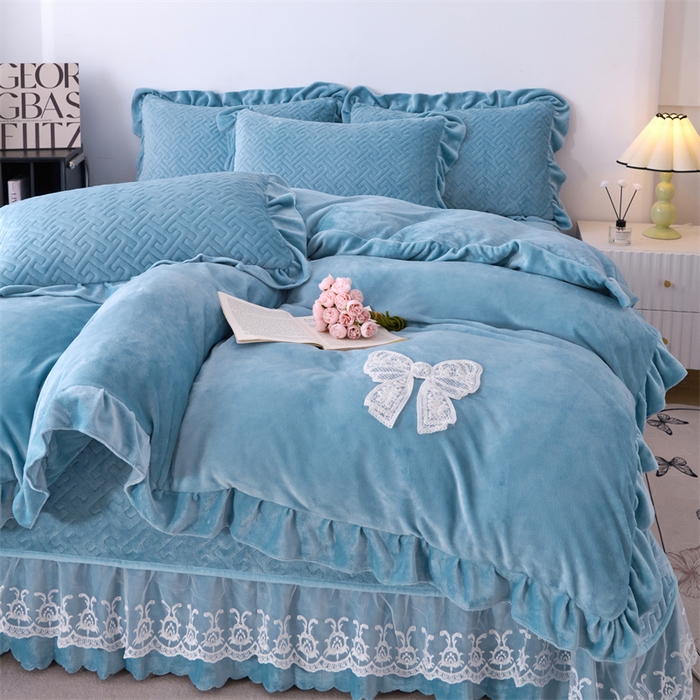 91家纺网 家纺一手货源 找家纺 畅畅家纺 2025新款11斤韩版冬季超柔加厚牛奶绒蝴蝶花边床盖四件套 宝蓝